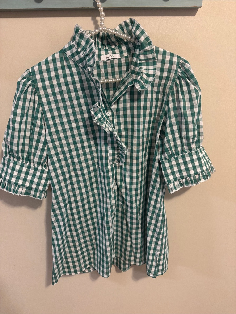 Sage Vell Green Gingham Blouse Small 100% Cotton Ruffle Puff Sleeve Button Top